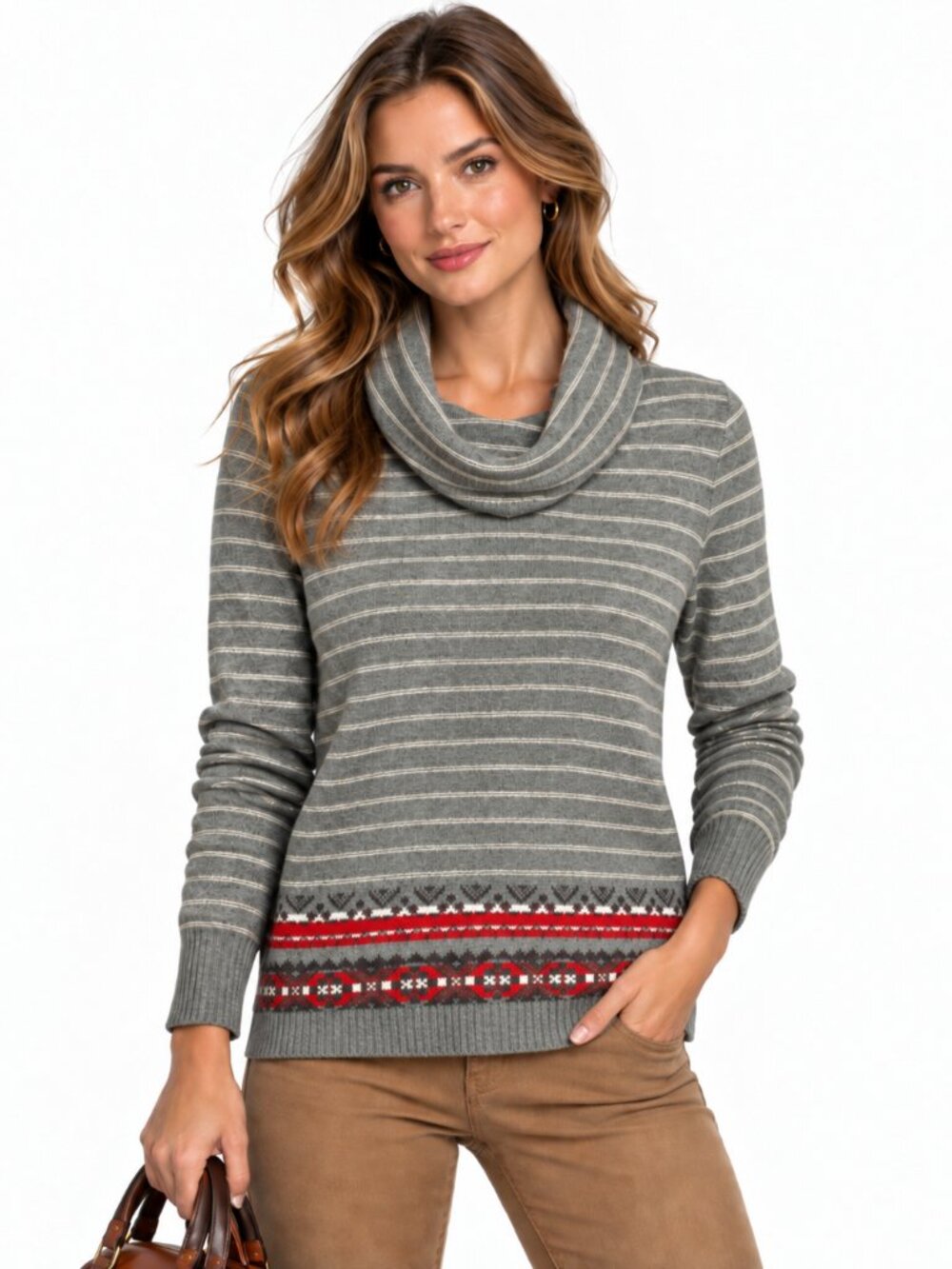 Tommy Hilfiger Gray Red Striped Fair Isle Cowl Neck Sweater Nordic Preppy M